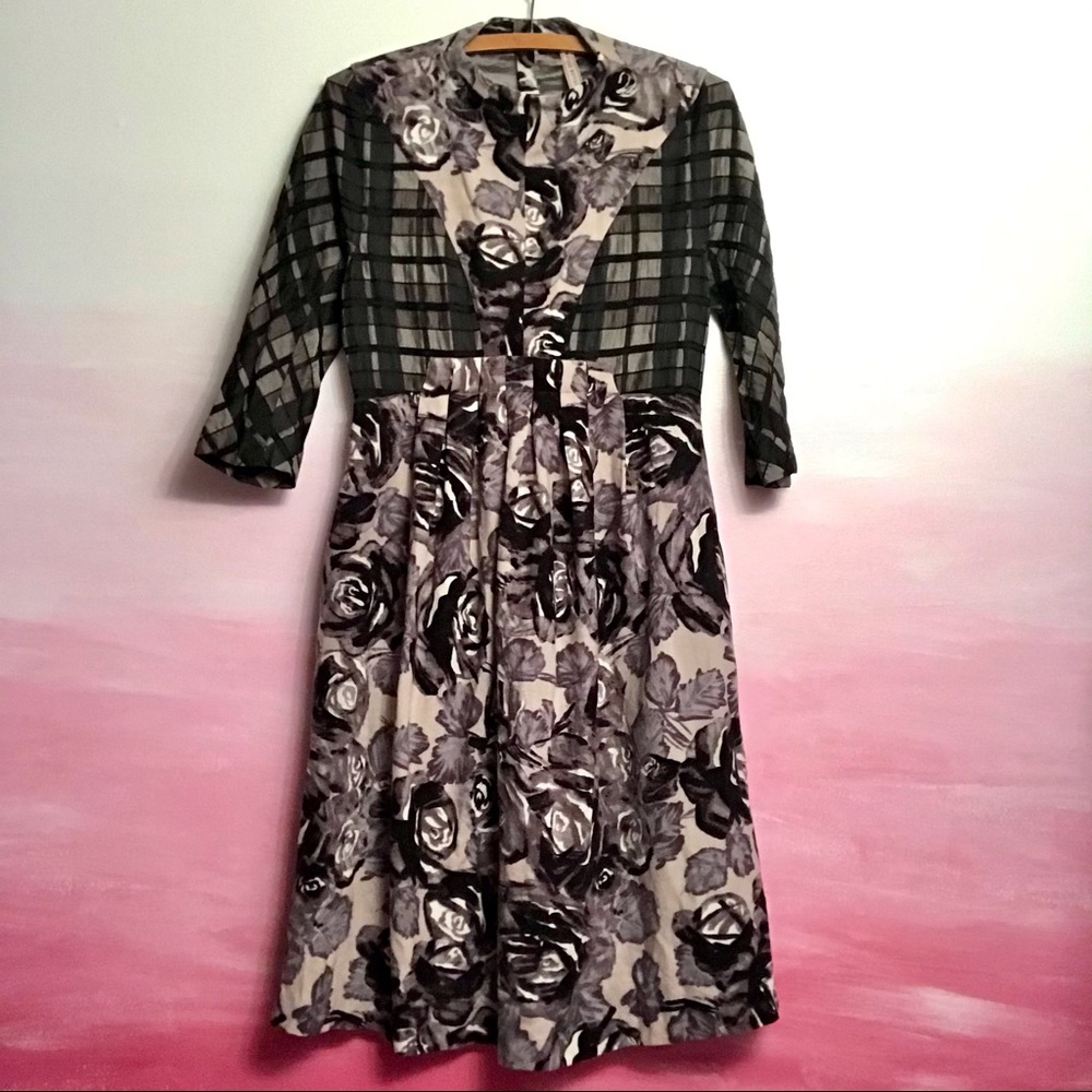 ANTONIO MARRAS | Dark Floral Wool Blend Checkered Dress - Sz 44 (US 8)